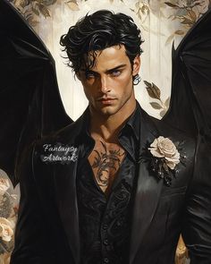 a painting of a man in a black suit with wings on his chest and tattoos