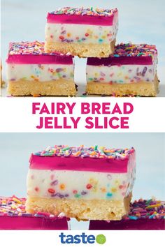 three pieces of cake with sprinkles on top and the words fairy bread jelly slice