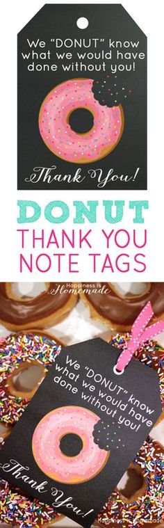 donut thank you note tags with pink and blue sprinkles on them