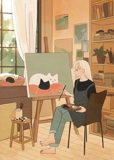 a woman sitting in front of an easel with a cat painting on it