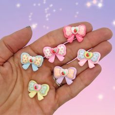 "Pastel bow & strawberry hair clip. This listing is for one hair clip. Material: resin Clip style: choose from bobby pin, mini clip, or medium clip Quantity: sold individually as one single clip Dimensions: 0.9\" x 0.5\"" Pastel Hair Clips, Cute Pink Hair Accessories With Decorative Bow, Playful Pink Bow For Gifts, Cute Pink Craft Supplies, Playful Bow Hair Accessories For Gift, Cute Ribbon Hair Accessories, Playful Pink Hair Accessories Gift, Playful Pink Hair Accessories For Gift, Playful Pink Hair Accessories For Gifts