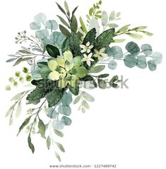 watercolor painting of green leaves and flowers