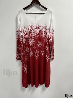 Bjux - Premium Plus Size Womens Casual Dress: Snowflake Print, Long Sleeve, V-Neck, Knee Length Dress Winter Holiday V-neck Dress, Snowflake Print, Loose Dresses, Womens Casual, Loose Dress, Knee Length Dress, Casual Dresses For Women, Casual Style, Dress Length