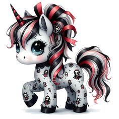 a cute little pony with pink hair and blue eyes is dressed in black and white