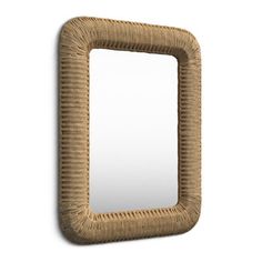 a mirror that is made out of wicker and has a square frame on the wall