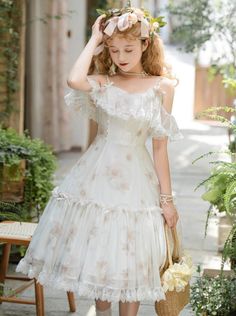 ❤︎Pure white flower chiffon Lolita summer dress❤︎ White Sunflowers, White Sundress, Jumper Skirt, Skirt Summer, Suspender Skirt, Sunflower Print, White Dress Summer, Mori Girl, Lolita Dress