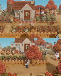 two pictures of the same house in animal crossing, one with pumpkins on it