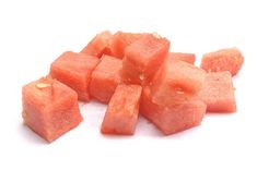 cubes of watermelon on a white background