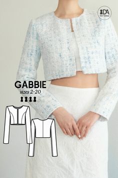 a women's cropped jacket and skirt sewing pattern with the front view of it