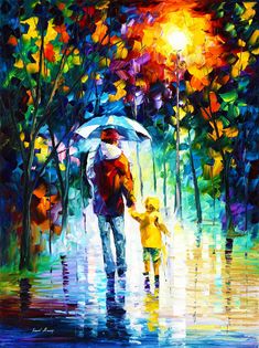 a painting of people walking in the rain with an umbrella over their heads and holding hands