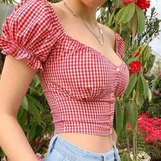 Vintage Smocked Cupped Bustier Puff Sleeve Checked Button Up Blouse Ruffle Trim Top, Cottagecore Fashion, Puff Sleeve Crop Top, Gingham Tops, Red Gingham, Girls Sweet, Puff Sleeve Top, T Shirt And Shorts, Aesthetic Outfits