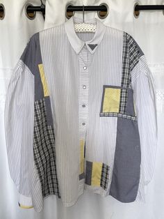 Handmade Oxford Shirt Women's in an oversized style. This item was created by upcycling Men's vintage shirts and reworking them into one final product.  Sizing is one of a kind, this shirt will fit a UK Size 12-14 / UK Size M Relaxed Fit Collared Patchwork Shirt, Oversized Button-up Shirt With Patchwork, Cotton Patchwork Button-up Tops, Oversized Cotton Patchwork Shirt, Cotton Patchwork Button-up Shirt, Oversized Patchwork Shirt For Spring, Oversized Patchwork Long Sleeve Shirt, Oversized Patchwork Cotton Tops, Oversized Cotton Patchwork Tops