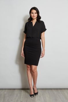 This figure-flattering pencil skirt gets a modern update in a seasonless crepe fabric for a look that stays sleek yet sophisticated. T-Tahari Crepe Knee Length Pencil Skirt Runs true to size. Model is 5'9" and wearing size 2 Dry Clean Only Imported Style #: THF41044 Georgette Shirt, Knee Length Skirt Pencil, Pencil Skirt Black, Long Sleeve Short Dress, Crepe Fabric, Knit Jacket, Global Fashion, Skirts For Sale, Jumpsuit Dress