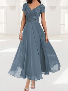 Women's Short Sleeve Summer Plain Lace Chiffon V Neck Tea Party Wedding Guest Mother of the Bride Elegant Maxi Formal A-Line Dress Green Purple Blue Petite Formal Dresses, Petite Evening Dresses, Bride Elegant, Chic Cocktail Dress, Elegant Summer Dresses, Mother Of The Bride Dresses Long, Formal Evening Wear, Three Quarter Sleeve Dresses, Tea Party Wedding