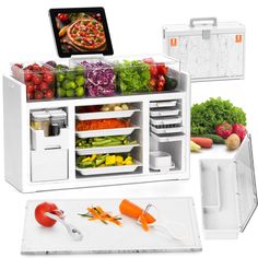 an assortment of vegetables and fruits are arranged in the shape of a kitchen appliance