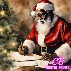 a painting of santa claus writing in front of a christmas tree with the words digital prints on it