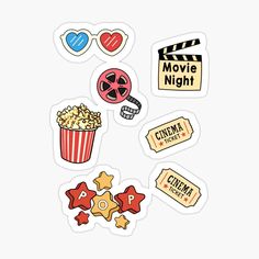 various movie stickers are shown on a white background, including popcorn and filmstripe