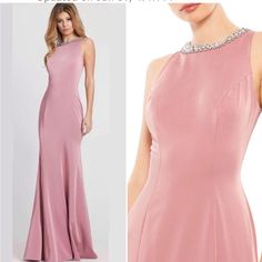 a woman is wearing a pink dress with beading on the neck and side,