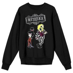 Stay warm and cozy in the long sleeves on this sweatshirt as you celebrate your favorite movies with this Beetlejuice sweatshirt. The sweatshirt features animated images of Lydia Deetz of Betelguese underneath the movie’s logo. The sweatshirt comes in a black long sleeve crew neck. Beetlejuice fans will love this comfy and cozy sweatshirt.