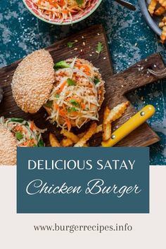 Delicious Satay Chicken Burger Cabbage And Carrot Salad, Chicken Burger Recipe, Chicken Satay Recipe, Satay Chicken, Brunch Aesthetic, Burger Salad, Best Burger Recipe, Recipe Hacks, Breakfast Party Foods