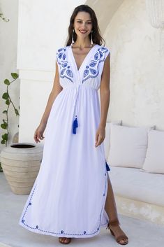 Beautiful boho inspired aqua blue long maxi dress has exquisite embroidery surrounding a plunging deep v neck bodice. This long summer dress has an angled shoulder design and empire waist that accents your curves in all the right places Adorned with pink tassels on front, sides and back, you can dress this womens casual sundress up or down. Wear with flat sandals for a maxi boho summer dress style, or pair with heels and a shawl for an evening out Full flowy skirt is flattering at the hips. Comf Long Blue Maxi Dress, Casual Sundress, Summer Sundress, Deep V Neck Dress, Loungewear Dresses, Long Beach Dress, Boho Summer Dresses, Printed Long Dresses, Summer Fashion Dresses