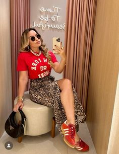 Leopard Skirt And Sneakers, Adidas Leopard Sneakers Outfit, Leopard Print And Red Outfits, Red And Cheetah Outfit, Leopard And Red Outfit, Leopard Satin Skirt Outfit, Leopard Skirt Outfit 2024, Red And Leopard Outfit, Adidas Skirt Outfit