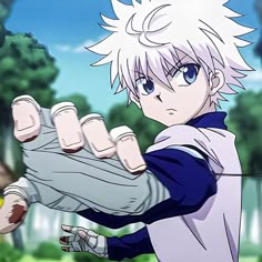 an anime character with white hair and blue eyes is holding his arm out in front of the camera