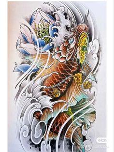 an artistic tattoo design on the back of a man's arm, with fish and waves