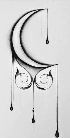 a drawing of a crescent with drops hanging from it