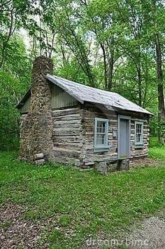 an old log cabin in the middle of a forest with trees and grass around it