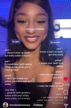 Braces Black Color, Braces For Brown Hair, How To Keep Your Teeth White With Braces, Braces Colors On Black Women, Braces Colors For White Teeth, Braces Colors Ideas Tan Skin, What Colour Braces Should I Get, Pretty Girl Braces, Pretty Braces Colors Summer