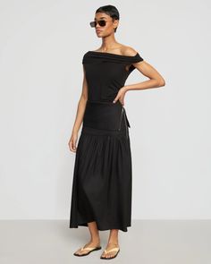 Mai Asymmetric Off-Shoulder Tee Casual Fitted Off-shoulder Top With Asymmetrical Neckline, Black Asymmetrical Cotton Skirt, Black Summer T-shirt With Asymmetrical Hem, Black Asymmetrical Hem T-shirt For Summer, Asymmetrical Stretch Off-shoulder Top, Black Tee, Sleek, Off Shoulder, Wardrobe