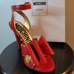 Outer: Calf Leather 95%, Sheepskin 5% Sole: Rubber 100%, Calf Leather 100% Lining: Calf Leather 100% Plaid Heels, Moschino Shoes, Bow High Heels, Pointy Toe Heels, Moschino Cheap And Chic, Red High Heels, Black Strappy Heels, Square Toe Heels, Wood Heel