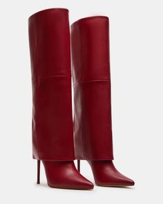 SMITH Red Leather Cuffed Stiletto Boot | Women's Boots – Steve Madden Fold Over Boots, Yantai, Dr Shoes, The Smith, Leather Wear, Knee Boot, Wide Calf Boots, Long Boots, Mellow Yellow