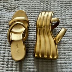 Cult Gaia Size 40 Gold Padded Platform Sandals Excellent Used Condition Chic Gold Wedge Sandals With Open Heel, Gold Mules With Heel Loop For Evening, Luxury Gold Wedge Sandals For Spring, Gold Wedge Heel Sandals With Padded Heel, Gold Wedge Sandals With Wrapped Heel For Evening, Gold Sandals With Padded Heel For The Beach, Gold Closed Toe Sandals With Heel Loop, Gold Sandals With Wrapped Wedge Heel, Gold Open Toe Mules With Heel Strap