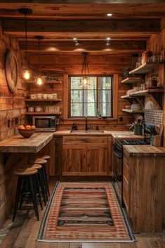 a rustic kitchen with wooden walls and flooring