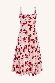 Verena Dress In Red Rose Stems On Pink Bibione Cotton | Emilia Wickstead Rose Pattern Dress, Roses Outfit, Fashion Definition, Gown Sewing Pattern, Real Fashion, Pink Backdrop, Elegant Midi Dresses, Emilia Wickstead, Rose Stem