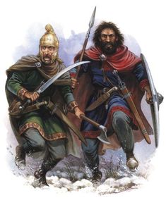 two men dressed in medieval clothing holding swords