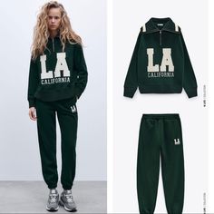 Brand New With Tags. Oversized Fit. Green Tracksuit For Fall, Green Cotton Tracksuit For Fall, Sporty Letter Print Pants For Fall, Fall Tracksuit With Letter Print And Long Sleeves, Fall Athleisure Pants With Letter Print, Green Athleisure Tracksuit For Fall, Relaxed Fit Long Sleeve Fall Tracksuit, Fall Tracksuit With Letter Print For Loungewear, Relaxed Fit Long Sleeve Tracksuit For Fall