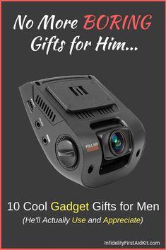 a car dash camera with the words no more boring gifts for him and an image of a