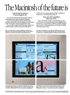 an advertisement for the macintosh computer system, with two images of different computers on it