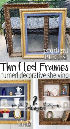 there are three different frames with decorative items in them and the words thrifted frames turned decorative shelving