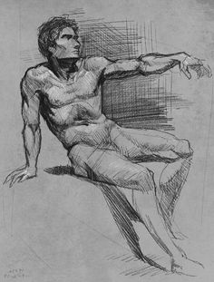 a black and white drawing of a man sitting on a chair with his arm outstretched