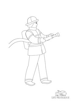 a drawing of a fireman with a hose in his hand and an arm extended