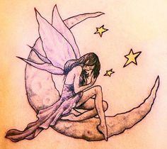 a drawing of a fairy sitting on the moon with stars around her neck and back