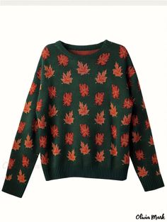 Olivia Mark - Womens Plus Size Maple Leaf Pattern Long Sleeve Round Neck Pullover Sweater - An Elegant and Comfortable Option with Slight Stretch Leaf Sweater, Maple Leaf Pattern, Fall Clothes, Plus Size Sweaters, Fall Aesthetic, School Teacher, Elementary School, Cottage Core, Olivia Mark