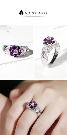 Unique Rose Promise Rings Beautiful Promise Rings Purple, Purple Promise Ring With Intricate Design, Rose Design Flower Ring For Promise, Elegant Rose Design Promise Ring, Fine Jewelry Flower Ring With Rose Design For Promise, Elegant Rose-colored Rings For Anniversary, Elegant Promise Jewelry With Rose Design, Formal Rose Diamond Rings, Anniversary Flower Ring With Rose Design