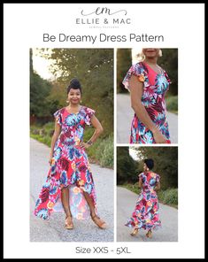 an image of a woman wearing a dress with flowers on it and the words be dreamy dress pattern