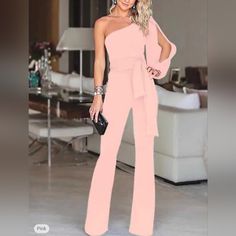 One Shoulder Pink Palazzo Suit Unbranded It's Medium But It Will Fit A Small Better. Never Used Off Shoulder Jumpsuit, One Shoulder Jumpsuit, Pink Jumpsuit, Long Sleeve Jumpsuit, Aaliyah, Slim Waist, Shoulder Sleeve, Jumpsuits For Women, Nasa