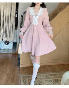 NEW STYLE Spring Pink Sweet Dress Women Designer Bow Chic Lace Party Mini Dresses Female Casual High Waist Patchwork kawaii Dress Dresses Kawaii, Dress Elegant Long, Midi Dress Fall, Fashion Illustration Dresses, Kawaii Dress, Sailor Collar, Vintage Patchwork, Elegant Dresses For Women, Sweet Dress